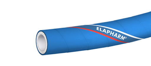 Blå PTFE slang med Elapharm logotyp på sidan